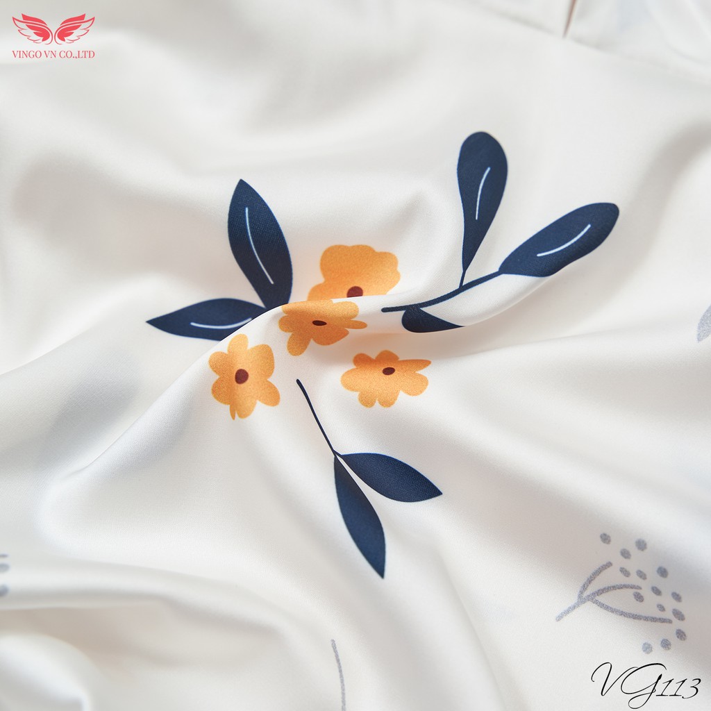 VINGO Váy Ngủ Lụa Pháp Mặc Nhà Nữ Hai Dây Có Mút Ngực Họa Tiết Hoa Vàng Lá Nền Trắng Quyến Rũ VG113 VNGO