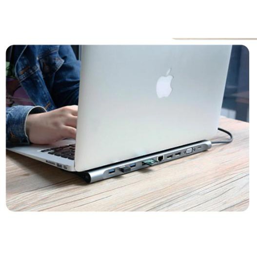 Bộ Chia Hub Đa Năng 10 - 11 Cổng: USB 3.0 / Khe Cắm Thẻ Nhớ SD/TF / RJ45 / HDMI / VGA / Type-C / Jack 3.5mm Cho Macbook