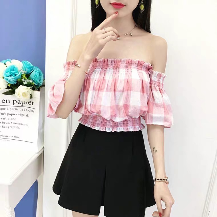 Áo croptop trễ vai phồng caro (CÓ ẢNH THẬT) | BigBuy360 - bigbuy360.vn