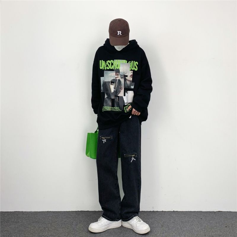 Quần Jeans Đen Dài Ống Đứng Có Khóa Kéo Phong Cách Hip Hop Đường Phố