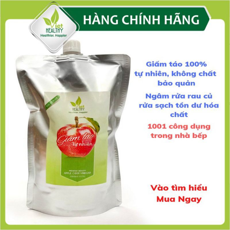 Giấm táo (túi) nguyên chất Viet Healthy 1l,Dấm táo viethealthy rửa sạch tồn dư hóa chất,giảm ợ nóng,trào ngược, sỏi thận