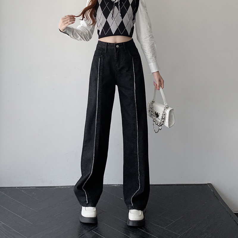 【ZHELIHANGFEI】Quần Jean Ống Rộng Lưng Cao Cá Tính Dễ Phối Đồ