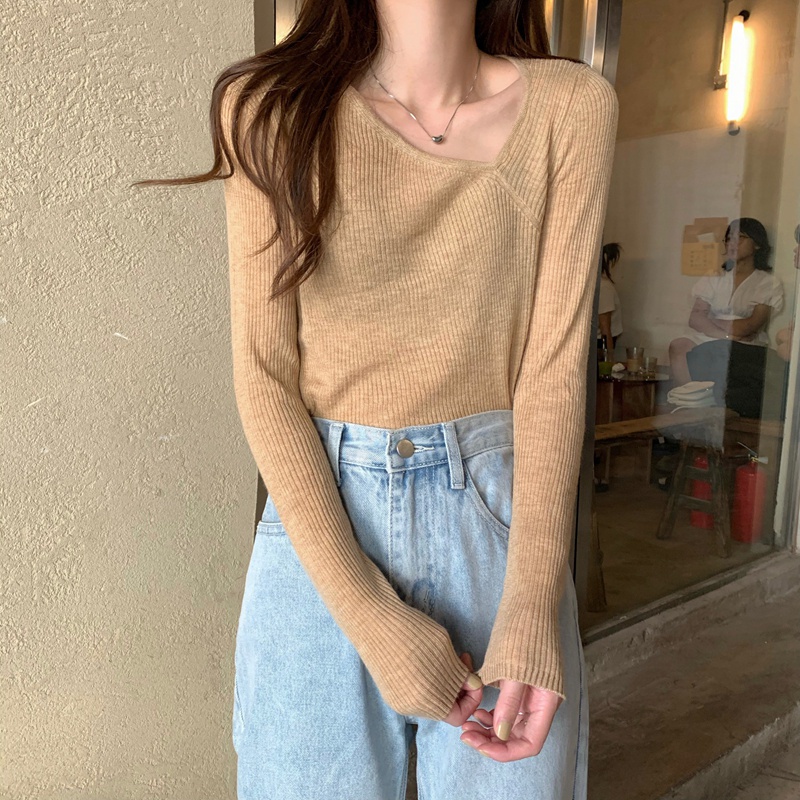 【out of stock】Áo dệt kim 45504 tay dài cổ lệch màu trơn phong cách thanh lịch dễ thương cho nữ | BigBuy360 - bigbuy360.vn