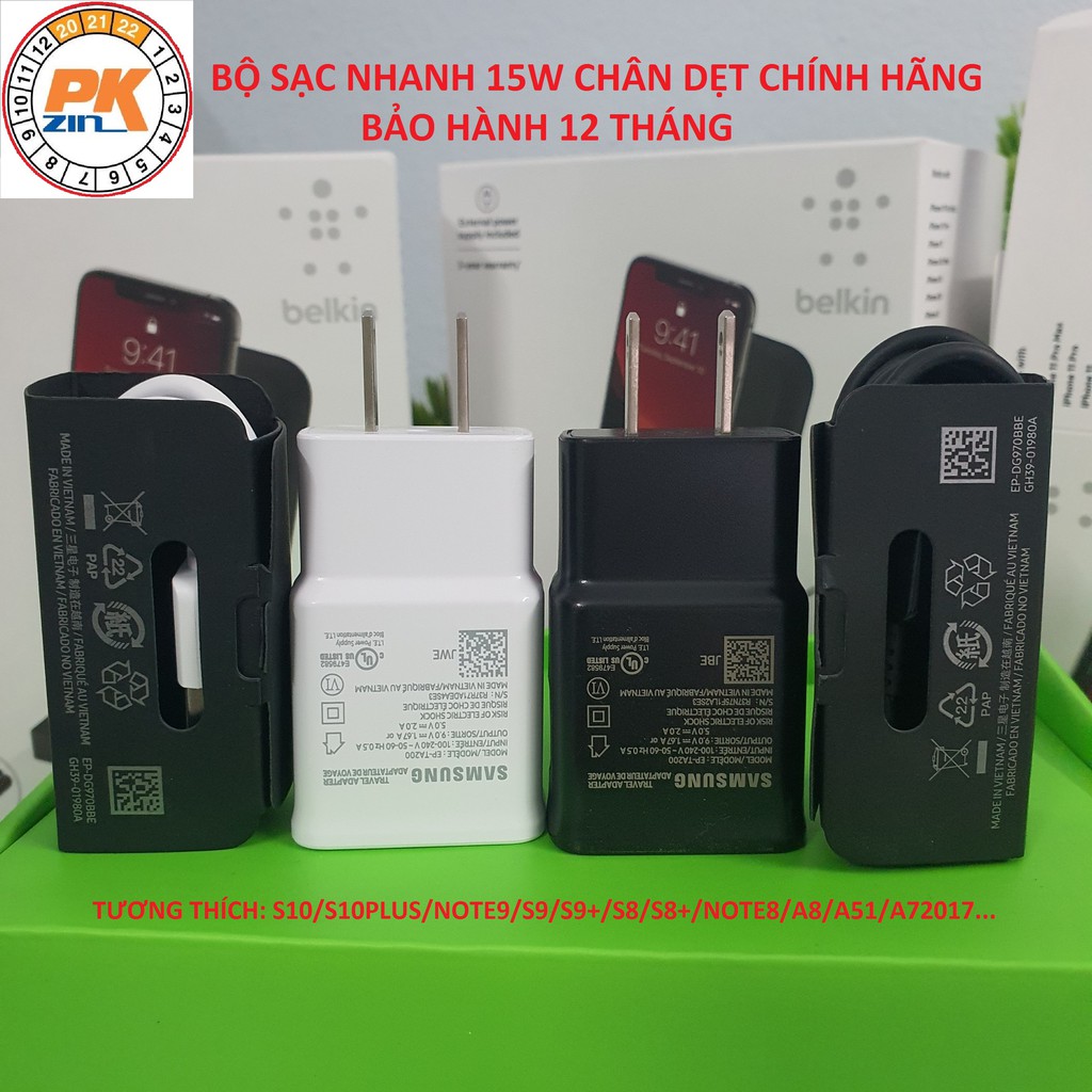 Bộ Sạc Nhanh 15W Samsung S10/S10 Plus Chính Hãng, Chân Dẹt, Dùng Chung Note 9, S9, S9+, S8, S8+, Note 8...BH 12T