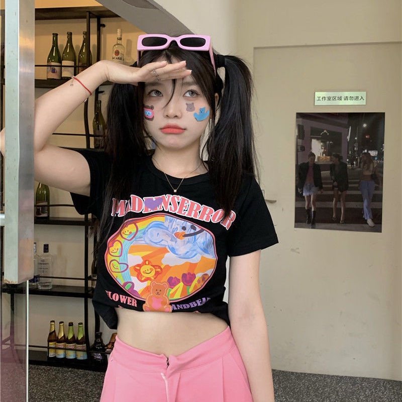 COZOK Áo Thun Tay Ngắn Hở Eo Form Ôm In Họa Tiết Thời Trang