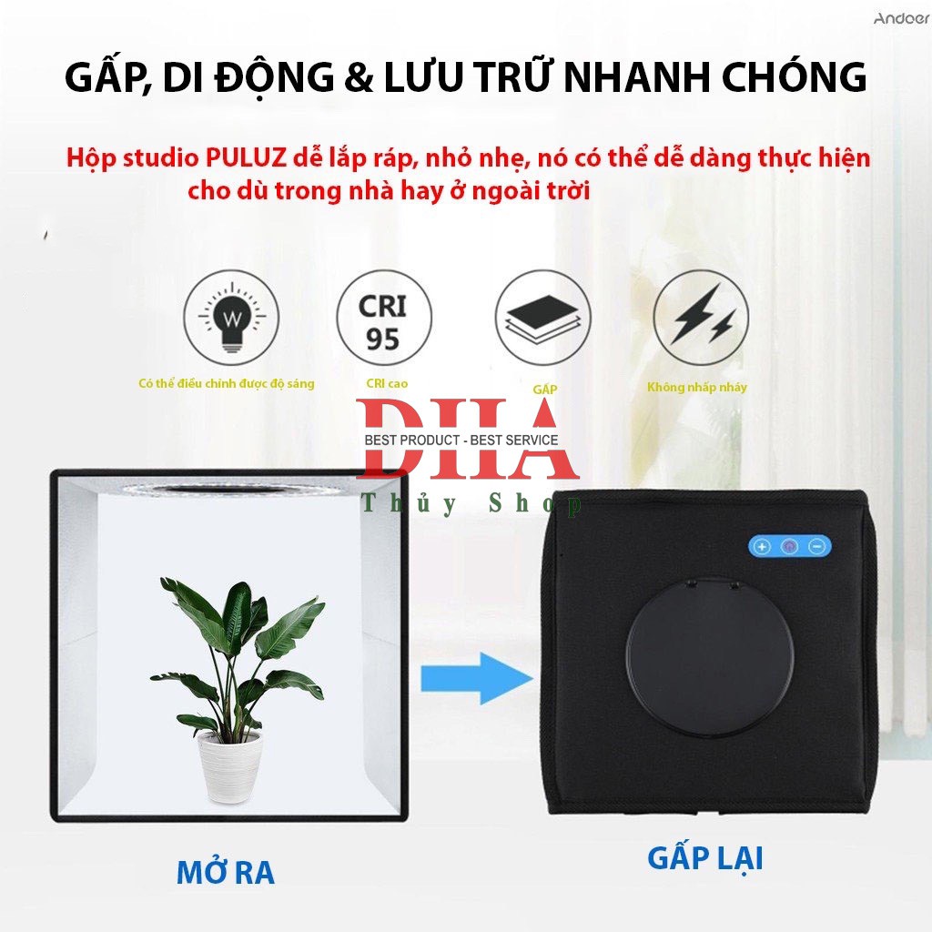 HỘP CHỤP ẢNH SẢN PHẨM PULUZ CHÍNH HÃNG TÍCH HỢP ĐÈN LED SIÊU SÁNG KÍCH CỠ  25x25x25