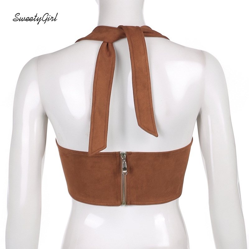 Áo lửng không tay hai dây màu sắc đơn giản phối khóa kéo cho nữ