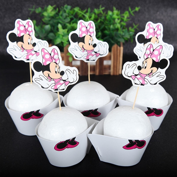 Set 12 giấy gói bánh hình chuột Minnie kèm 12 phụ kiện trang trí tiệc sinh nhật cho bé