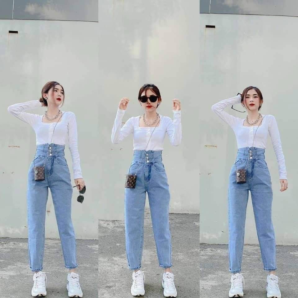 Quần baggy jean nữ cạp cao dây chéo sau lưng quần jean nữ chất vải đẹp F27