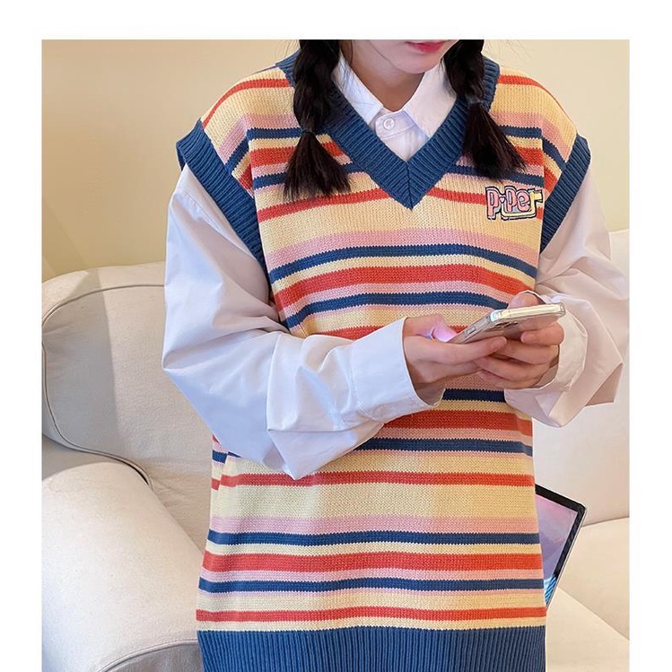 MỚI Áo dệt kim sát nách cổ chữ V họa tiết kẻ sọc phong cách Nhật Bản cho nữ