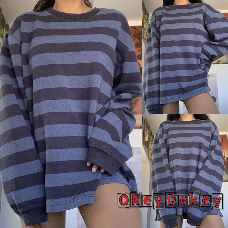 Áo sweater tay dài cổ tròn dáng rộng họa tiết kẻ sọc màu sắc tương phản thời trang cho nữ