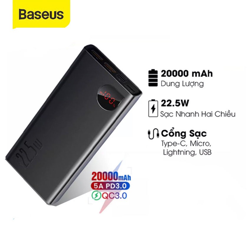 Pin dự phòng Baseus  20000mAh Sạc nhanh 20W có Led hiển thị Adaman cho IPhone 11 12 13 Pro Max Samsung Metal