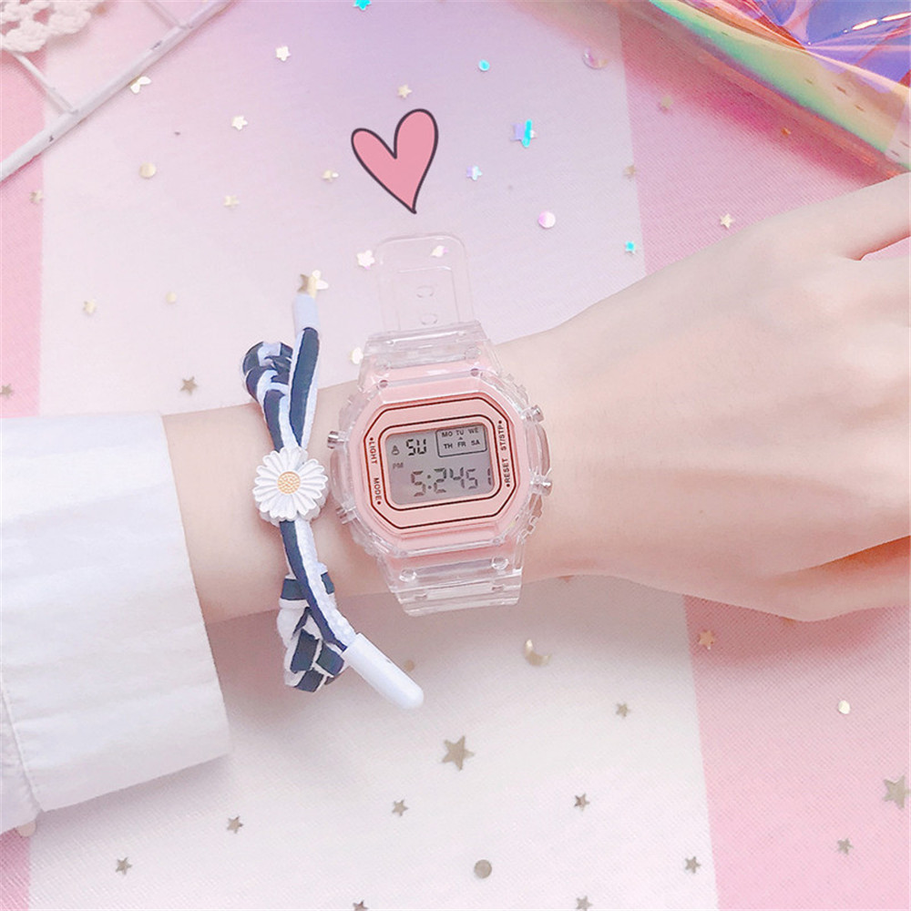 Fashionmaker New Women Fashion Transparent Sports Waterproof LED Watch Small Square Electronic Watch Ins