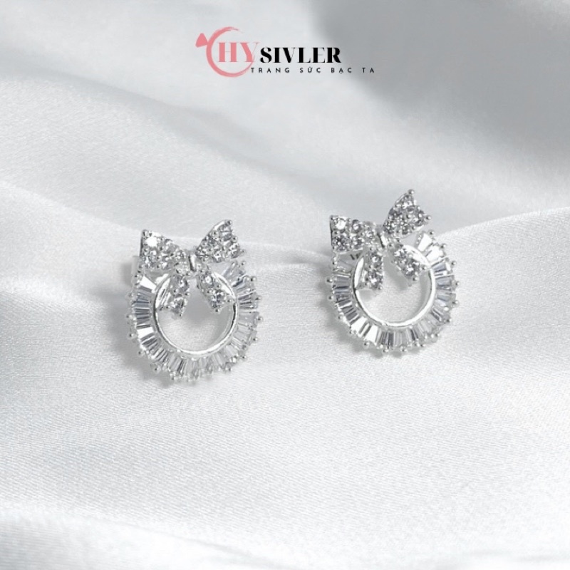Bông tai bạc nơ đính đá tròn sáng đẹp xinh xắn tiểu thư bông tai nữ bạc thật