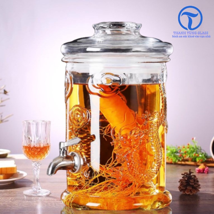 BÌNH NGÂM RƯỢU THỦY TINH DÁNG TRỤ CÓ HOA VĂN RỒNG 6Lít