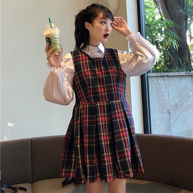 Set váy caro kèm áo sơmi tay bồng ( caro yếm đỏ ) | BigBuy360 - bigbuy360.vn