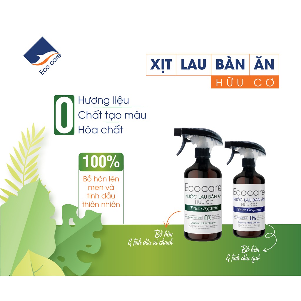 Nước Lau Bàn Ăn hữu cơ Bồ hòn Ecocare 500ml, Bình xịt tẩy đa năng tinh dầu tự nhiên, tẩy rửa bàn ăn, bếp