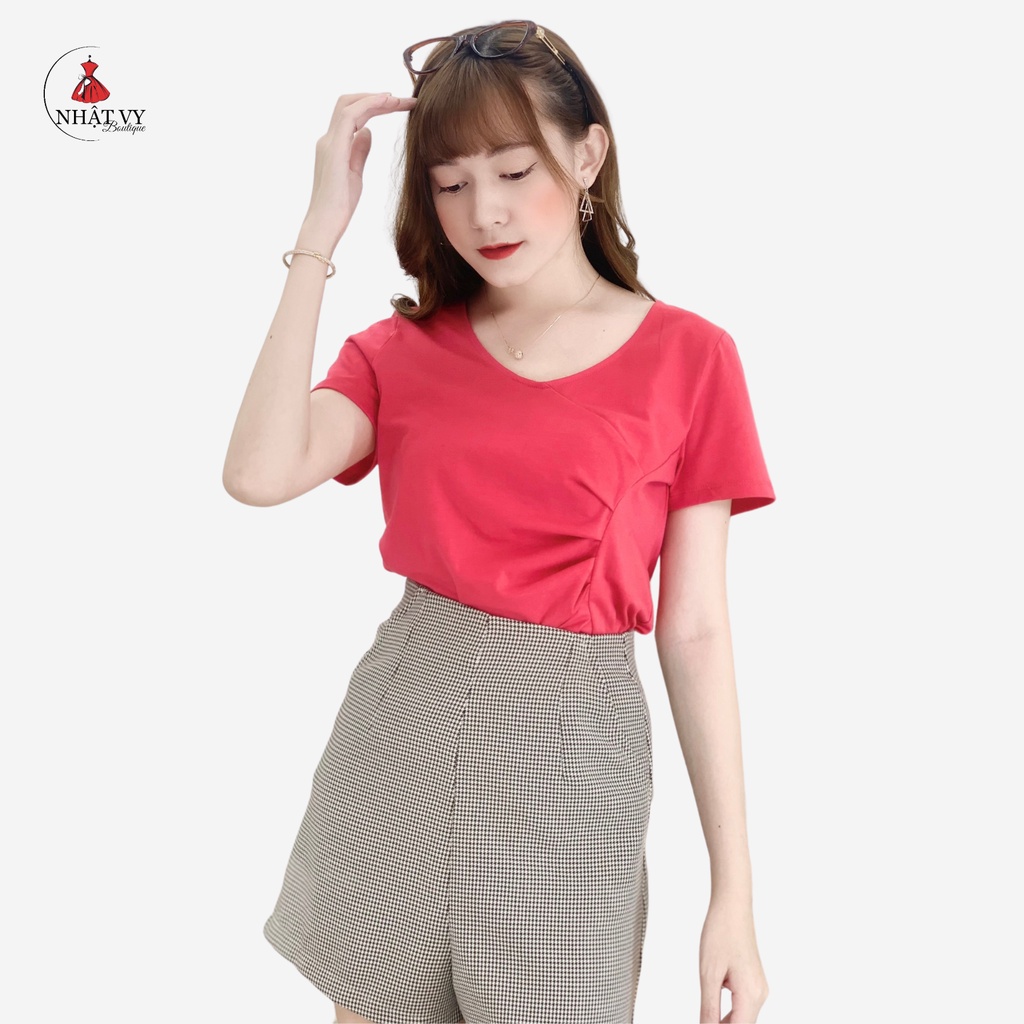 Áo thun nữ trơn NHATVY cổ tim nhún ngực 1 bên tay ngắn - D2110