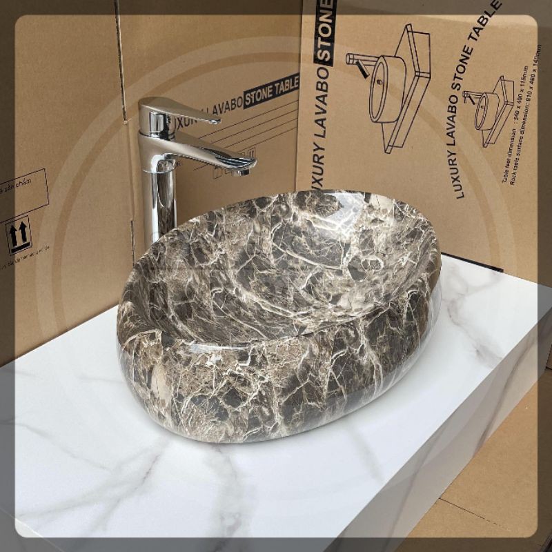 Chậu rửa mặt - Lavabo elip đặt bàn hoa văn vân đá nâu đen cao cấp, kích thước  50x31cm.