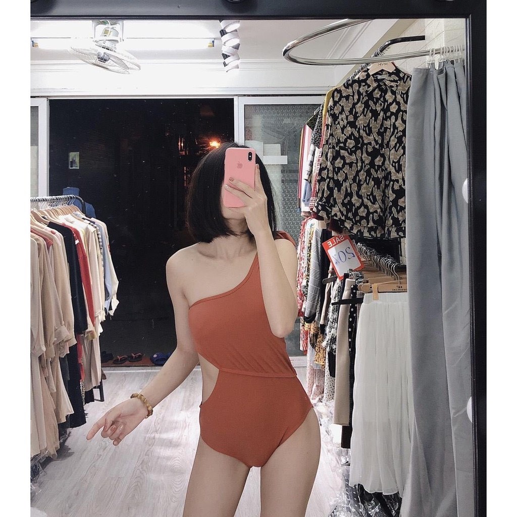 Bikini 1 Mảnh Nơ Lệch Vai Cut Out Hai Màu, Bodysuit Áo Tắm Liền Thân Khoét Eo Sexy [Ảnh Chụp Thật]  - OS066
