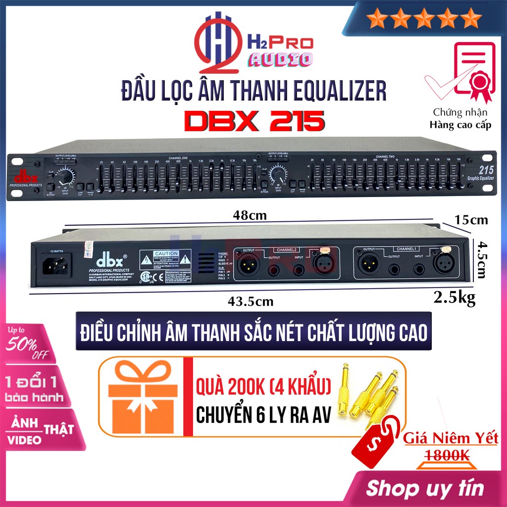 Lọc xì equalizer, lọc xì âm thanh DBX 215 cao cấp-2 kênh-30 cần chỉnh sắc nét từng âm thanh(tặng 4 khẩu 6 ly)-Shop H2pro