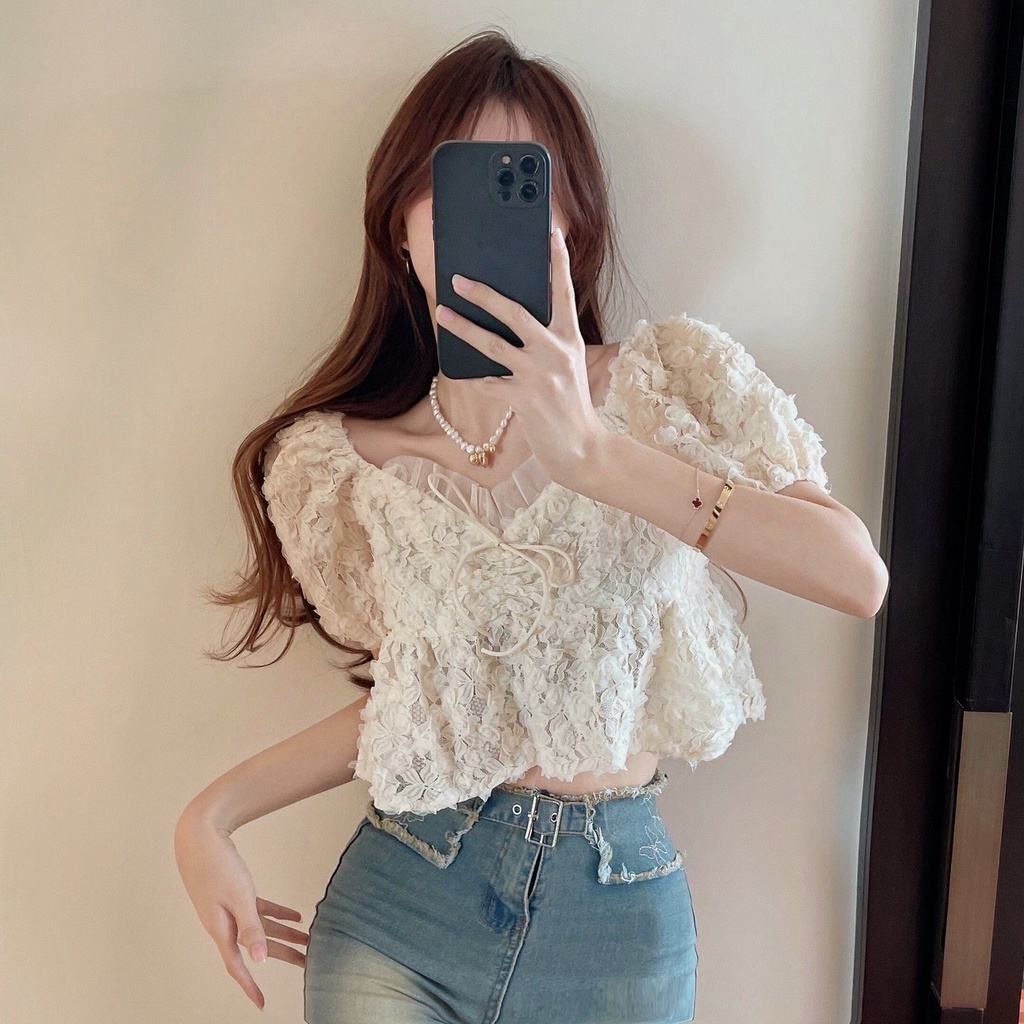 Áo Kiểu Tay Phồng Ngắn Cổ Chữ V Thời Trang Mùa Hè Mới Tinh Tế Dễ Phối Đồ Cho Nữ