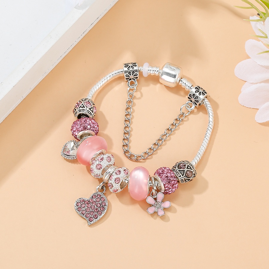 Vòng Tay Chuỗi Hạt Pha Lê Tròn Đính Trái Tim Màu Hồng Thời Trang Cho Nữ