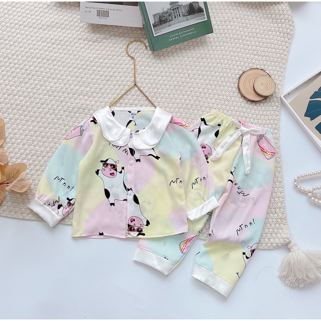 Bộ Đồ Ngủ Pijama Bé Gái - Set Quần Áo Trẻ Em Mặc Nhà Lụa Cao Cấp Nhiều Màu Dài Tay Họa Tiết Dễ Thương