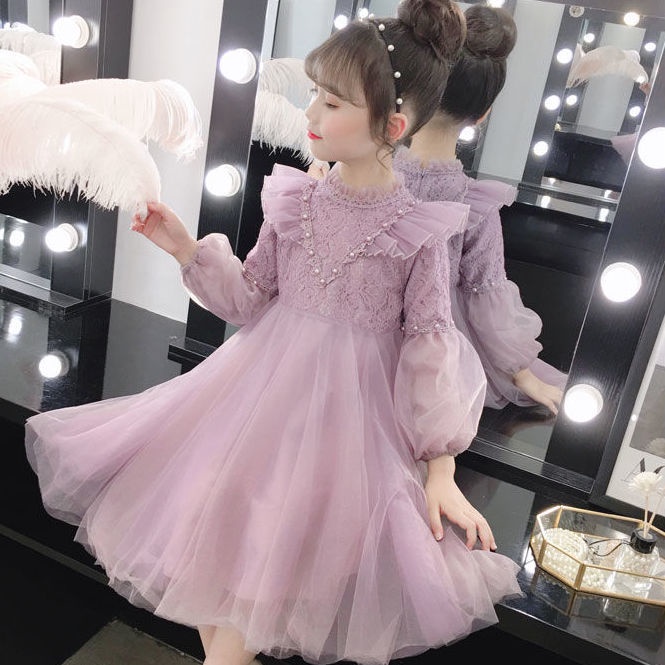 Đầm Phối Lưới Thời Trang Thu Đông Cho Bé Gái 3-14 Tuổi