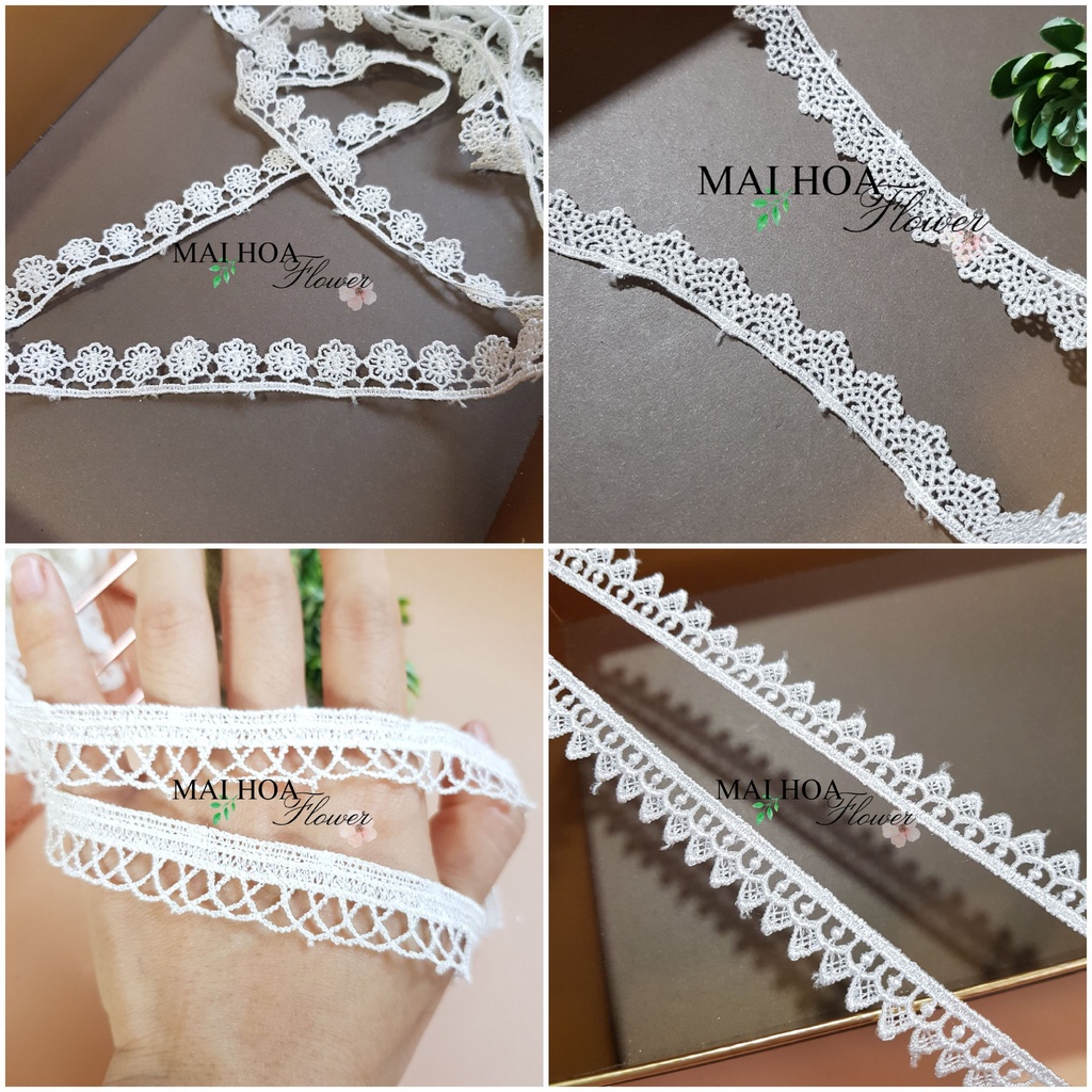 Dây viền ren trắng trang trí váy áo size 1,5cm nhiều loại hoa, Maihoaflower