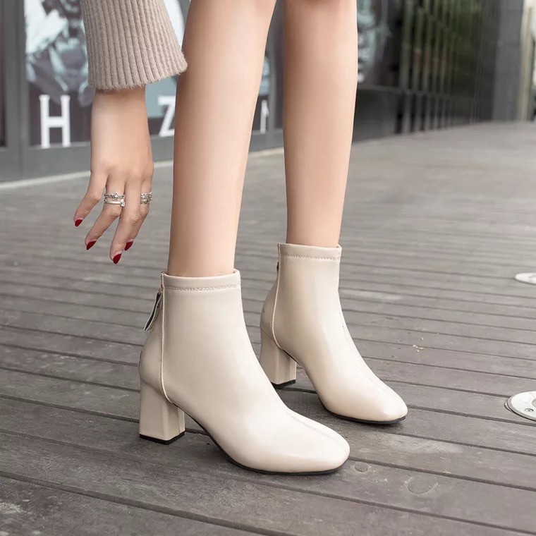 Bốt nữ cổ thấp da lì, ôm chân, chất mềm xịn. Giày boots nữ da tôn dáng 7cm.