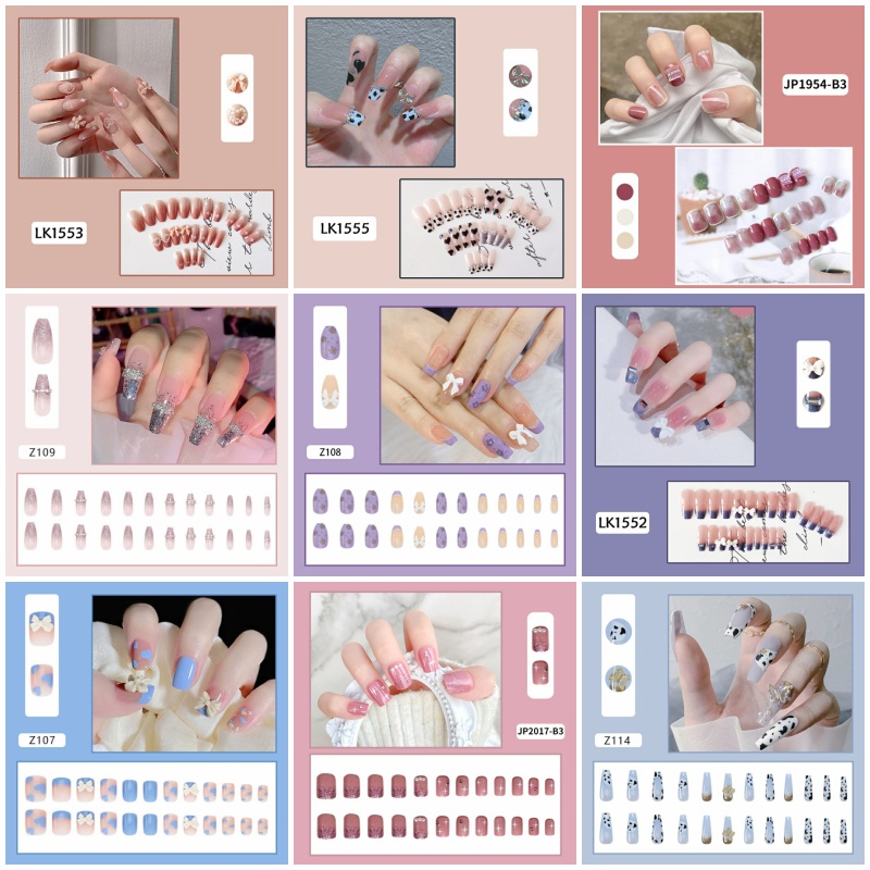 Bộ 24 Móng Tay Giả Trái Tim Đính Nơ Thời Trang Kèm Keo Dán