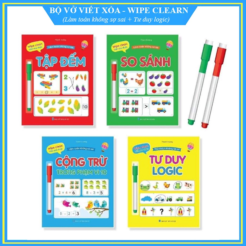 Sách - Bộ Vở viết xóa được - Làm toán không sợ sai - Wipe Clean - 4 cuốn - tặng kèm 2 bút