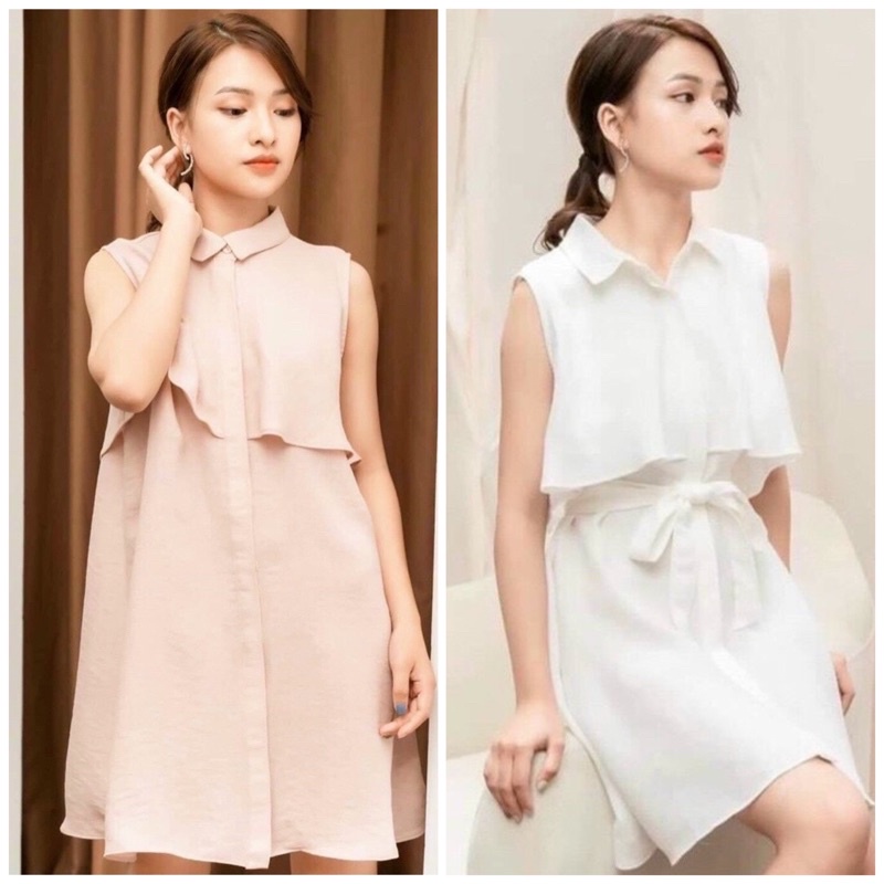 Đầm sơ mi sát nách kèm dây thắt eo 2 màu (kèm hình thật)