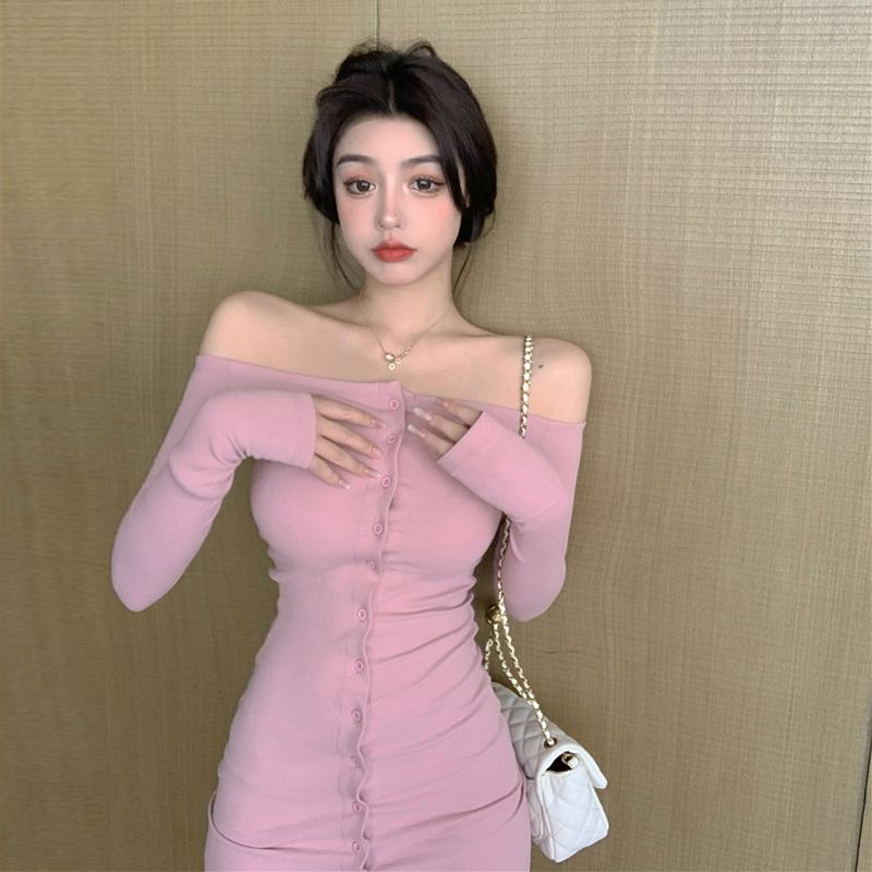 Off-shoulder Single-breasted Dress Women's Autumn Mid-length Dress