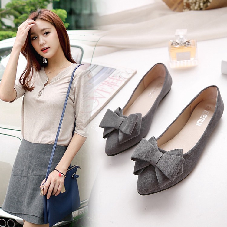 Giày Búp Bê Mũi Nhọn Đế Bằng Đính Nơ Thiết Kế Mới Có Size 34-41 Cho Nữ