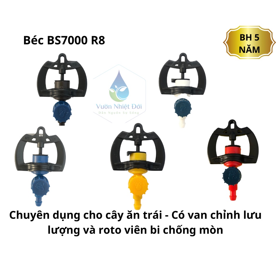 Béc tưới cây ăn trái Bs7000 R8 (30- 60- 90 -120 - 150 lít/h) phun mưa xoay 360 độ, có điều chỉnh bán kính - BH 5 năm