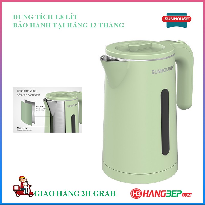 Bình đun nước siêu tốc inox 2 lớp 1.8 lít Sunhouse SHD1353 - Bảo hành chính hãng 12 tháng toàn quốc