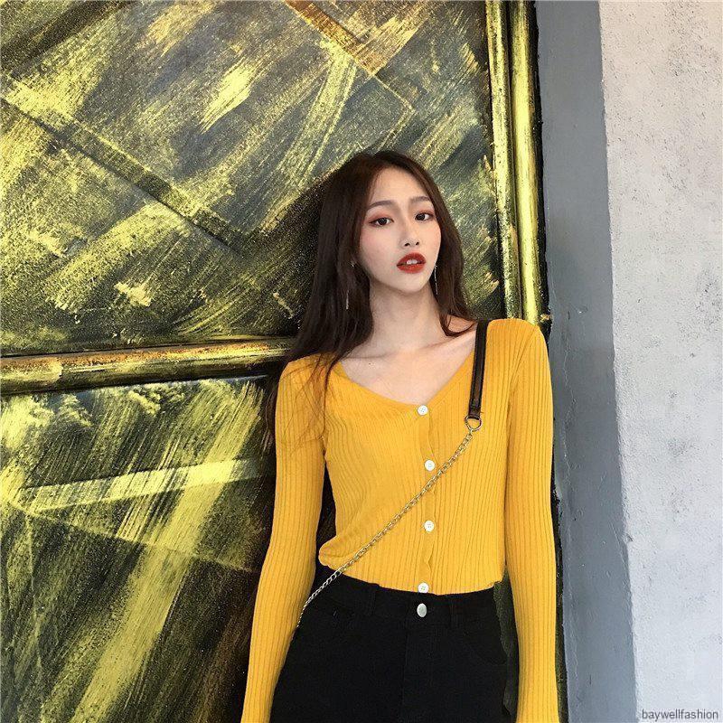 [Baywellfashion]Áo khoác cardigan cổ chữ V màu trơn thời trang Hàn Quốc | BigBuy360 - bigbuy360.vn