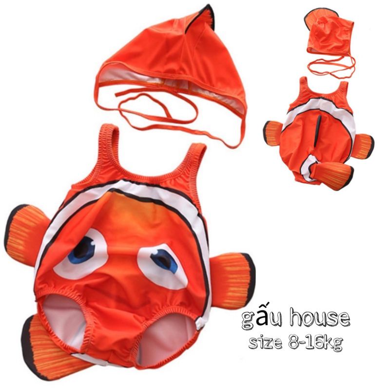 bộ bơi cho bé , set bơi liền thân kèm mũ đôi hoạ tiết cá hề nemo cam ngộ nghĩnh , đồ bơi cho bé trai ,đồ bơi bé gái