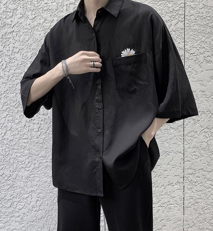 ♞AFF LIGA♞ Áo sơ mi nam ngắn tay thêu hình hoa cúc