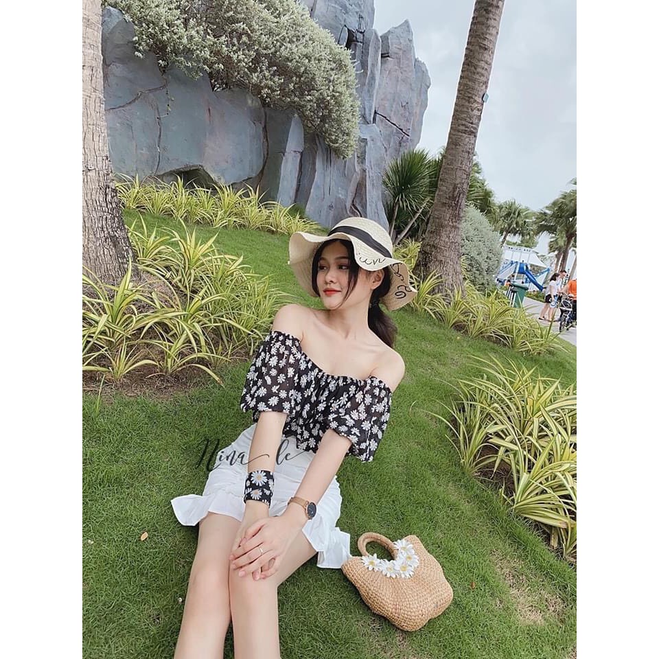 Sét 2 món áo bẹt vai 🌸 chân váy hoa cúc xinh xắn 🌸Trễ vai hoa cúc