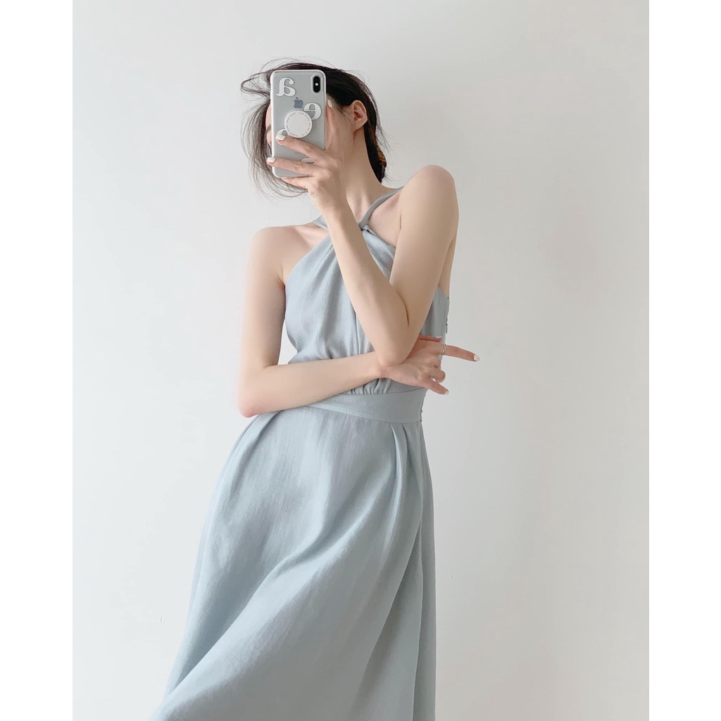 Váy yếm dài màu xanh ghi xoắn cổ chất liệu tơ nhật 2 lớp - Đầm nữ dáng xòe thiết kế đai cột eo điệu đà dự tiệc