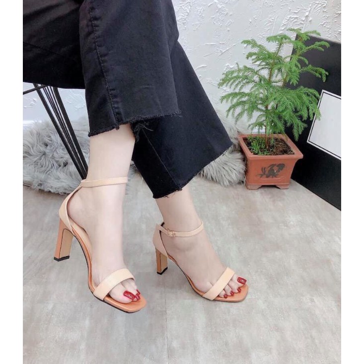 Sandal cao gót 9p quai ngang mũi vuông gót đũa nâu da mềm FT