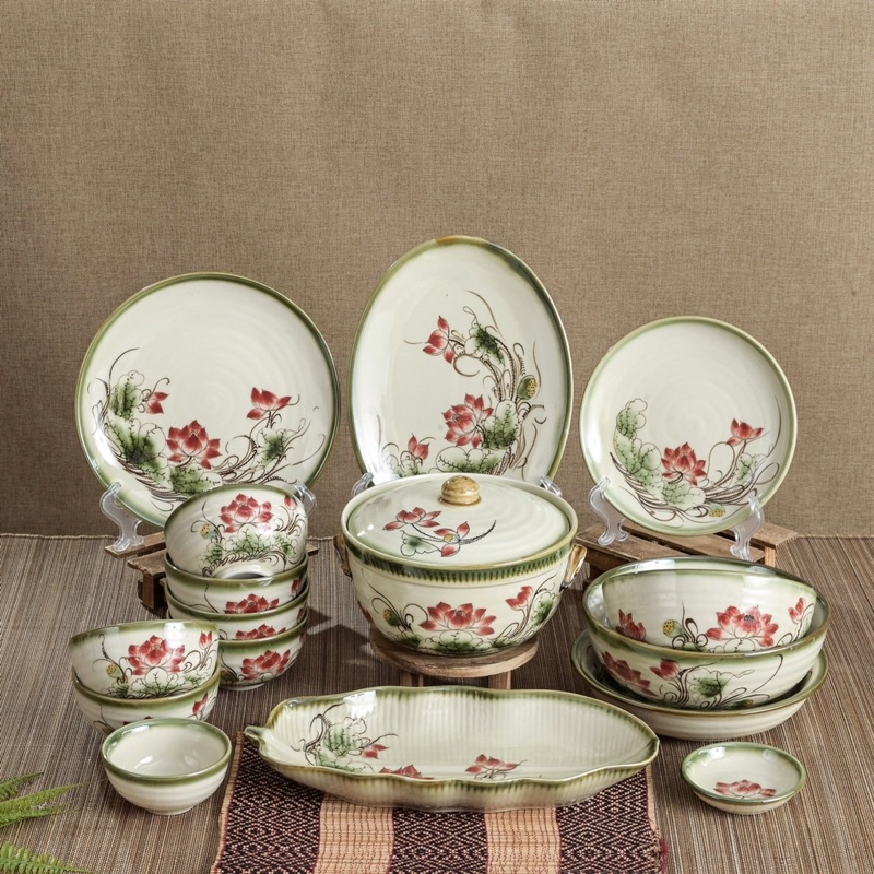Bộ Bát Đĩa Sứ Men Xanh Vẽ Tay Hoạ Tiết Sen Chén Dĩa Ăn Cơm Tô Canh Làm Quà Tặng Sứ Bát Tràng Cao Cấp