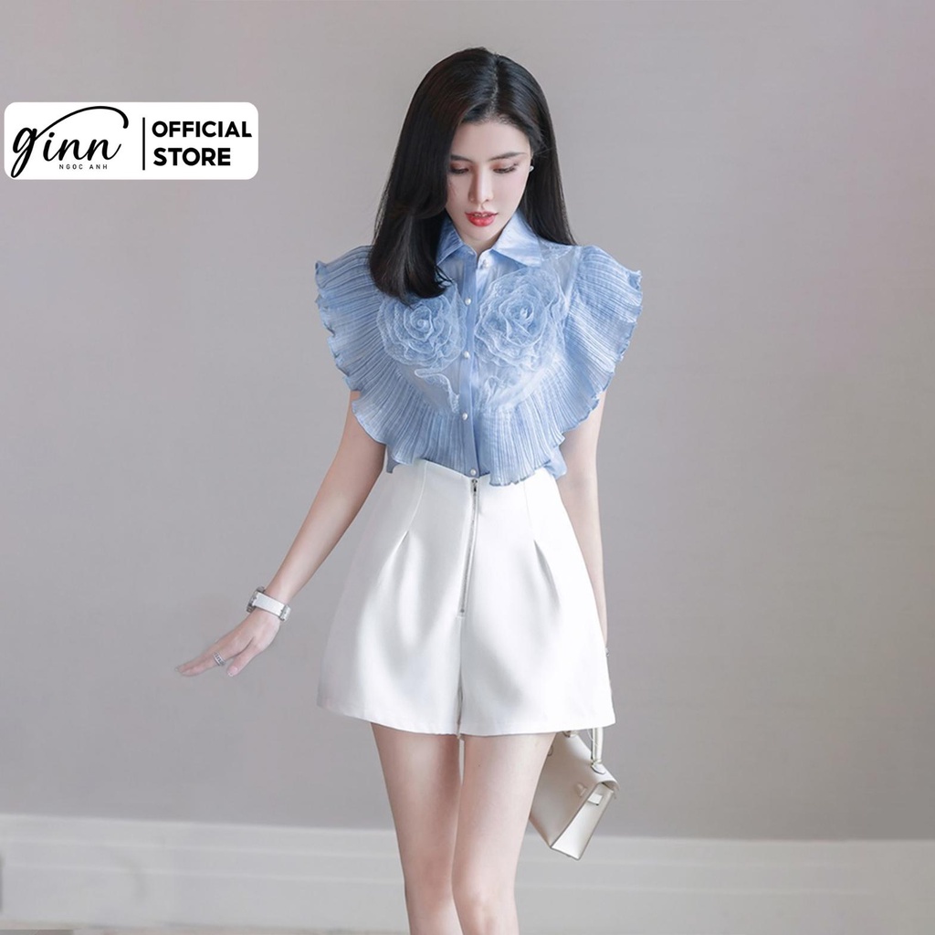 Sét Đồ Nữ GINN Thiết Kế Áo Sơ Mi Đính Bông Kèm Quần Sooc Trắng