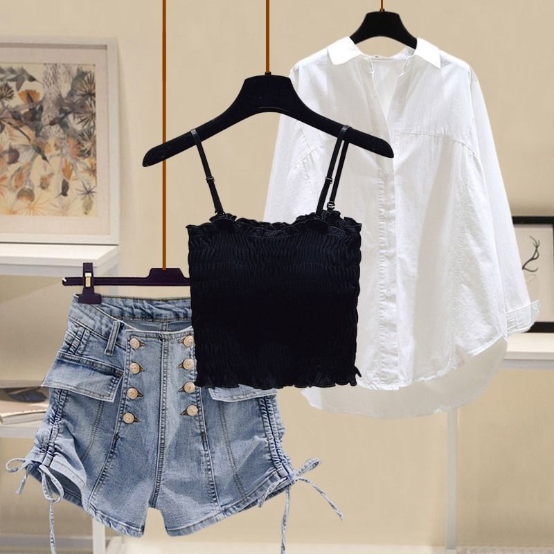 Set Áo Hai Dây + Quần Short Lưng Cao + Áo Sơ Mi Thiết Kế Ngọt Ngào Quyến Rũ Thời Trang Mùa Hè Cho Nữ