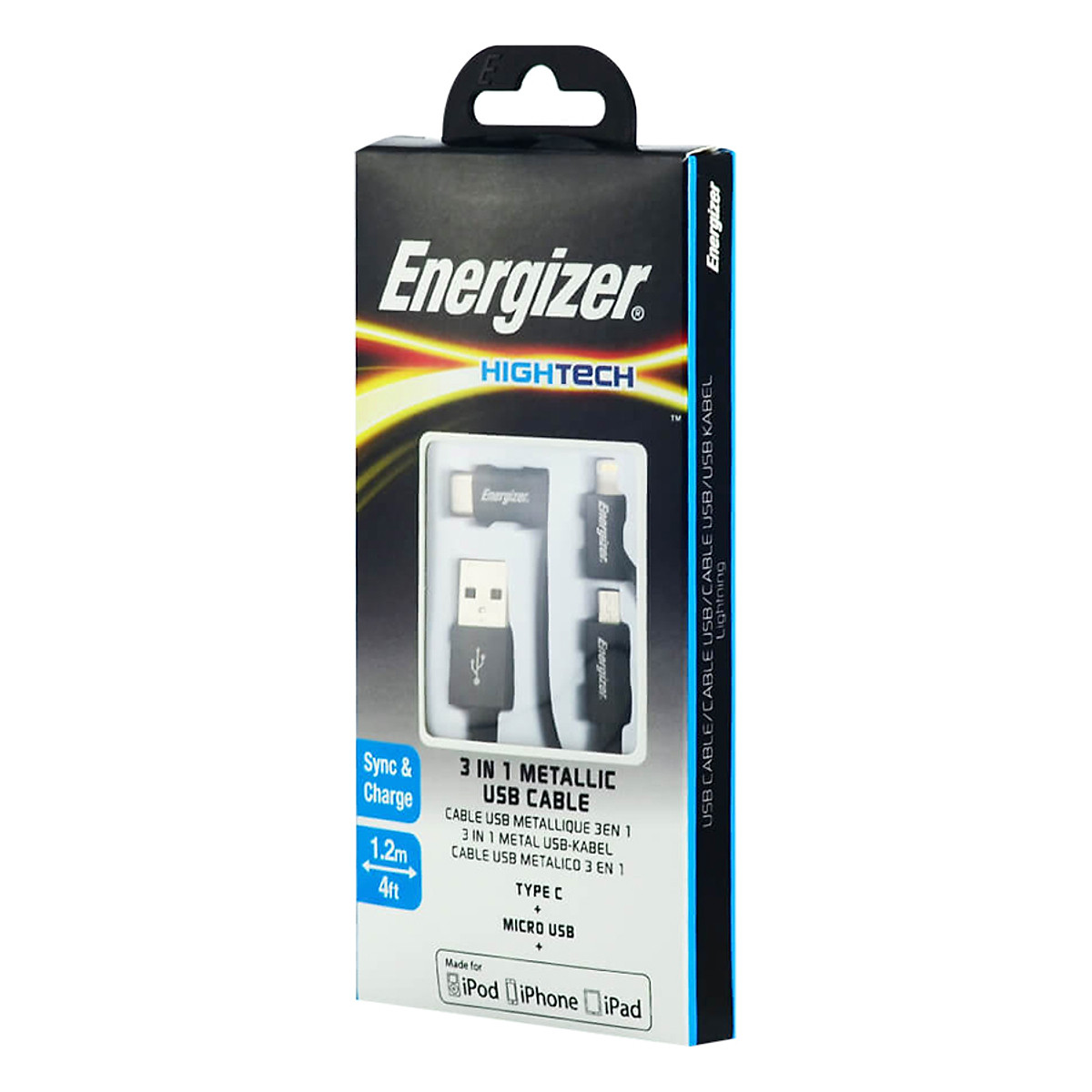 Dây Cáp 3 In 1 Micro-USB, Lightning Và Type-C Energizer Metallic C13UBX3CFBK4 (1.2m) - Đen - Hàng chính hãng