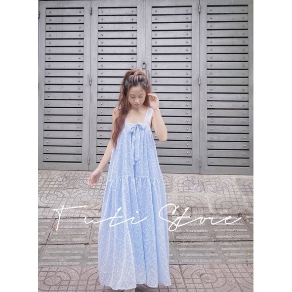 Đầm 2 dây cột nơ tiểu thư MOCHI DRESS xanh dương