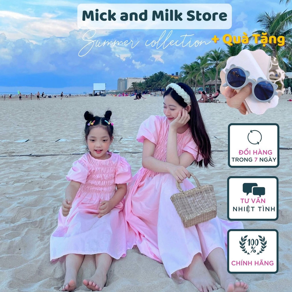 Đầm cho bé gái 1 đến 6 tuổi MICK AND MILK, Set váy đôi mẹ và bé màu hồng phấn dễ thương chất thô nến thoáng mát